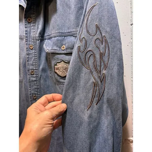 Harley Davidson blue denim button down long sleeve shirt men’s 2xl tall - Picture 5 of 8